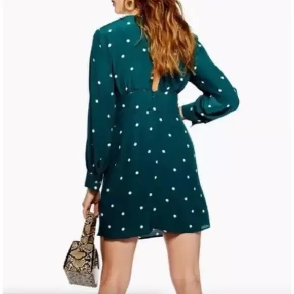 TopShop Polka Dot Rusched Mini Dress | Sz 10, Green & White | NWT $75 - Picture 2 of 12
